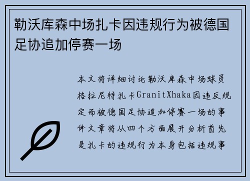 勒沃库森中场扎卡因违规行为被德国足协追加停赛一场