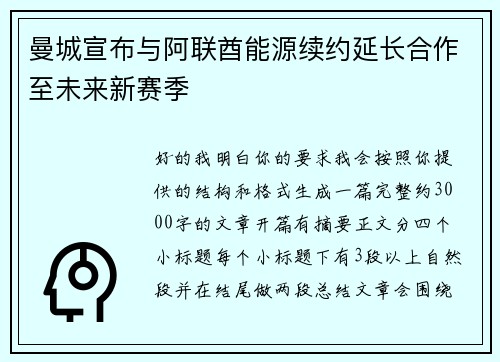 曼城宣布与阿联酋能源续约延长合作至未来新赛季